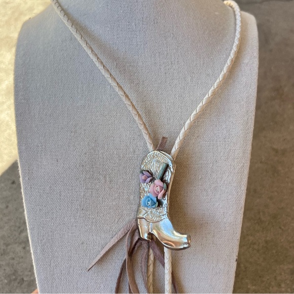 Vintage Jewelry - Boot pendant Western style bolo tie floral braided white cord Cowboy cowgirl
